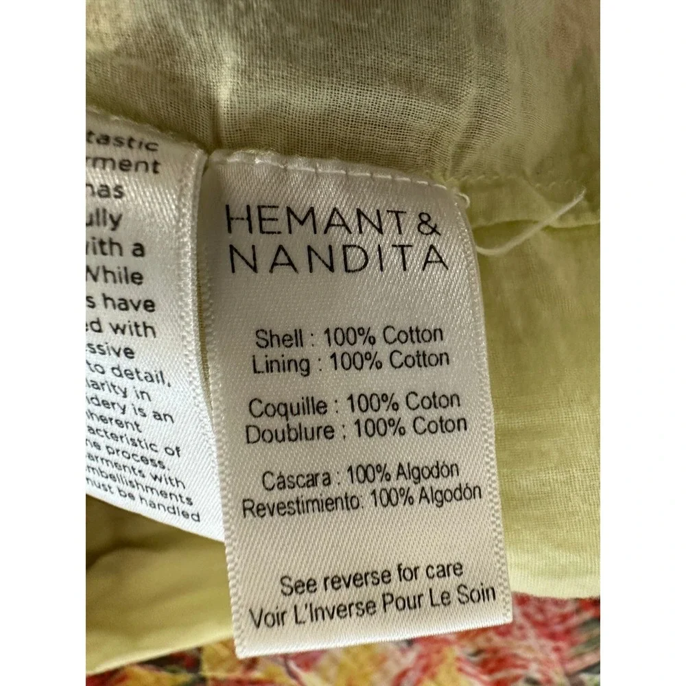 Hemant and Nandita Floral Smocked‎ Midi Dress XL Multicolor Cotton Long Sleeve